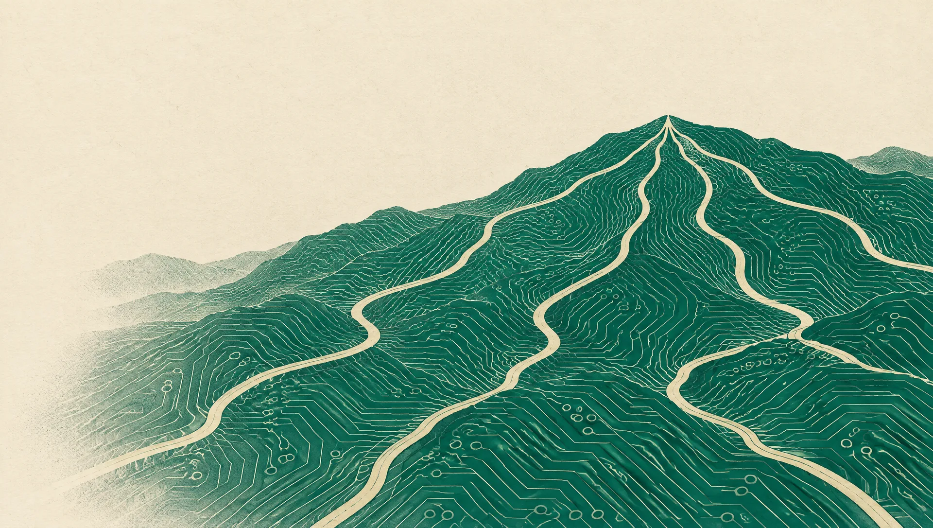 Converging copper trace paths over patina hills — decades of hardware expertise drawn as topography.