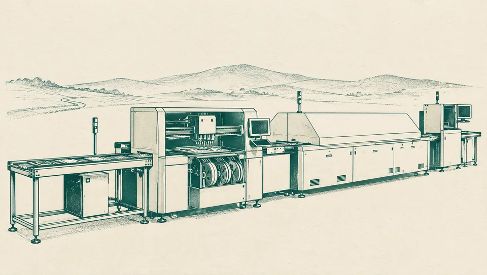 An in-house SMT line drawn as letterpress ink on cream paper — pick-and-place, reflow, test.