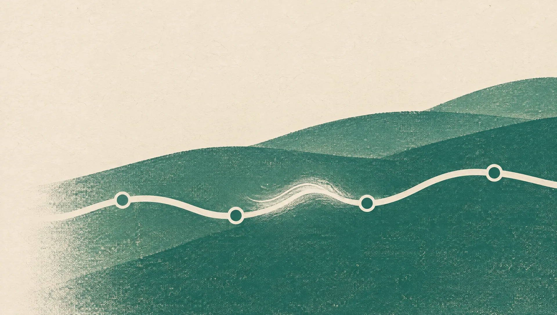 A cream path with four waypoints across patina trace hills — fit, files, reply, release.