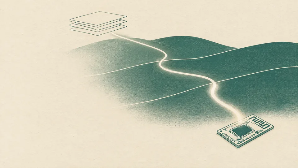 A cream current traveling from design files on trace hills toward an assembled module at the path's end.