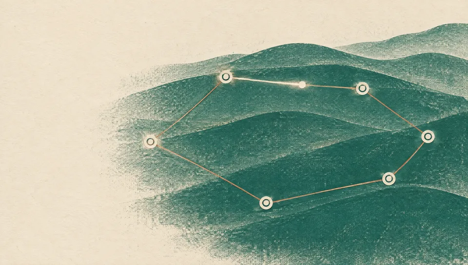 Trace nodes connected by a cream current pulse — MCP tools linked across patina hills.