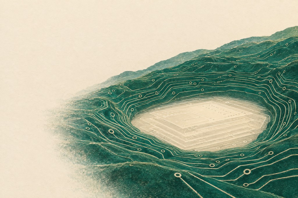 Copper trace hills enclosing a cream path — design files contained inside the field.